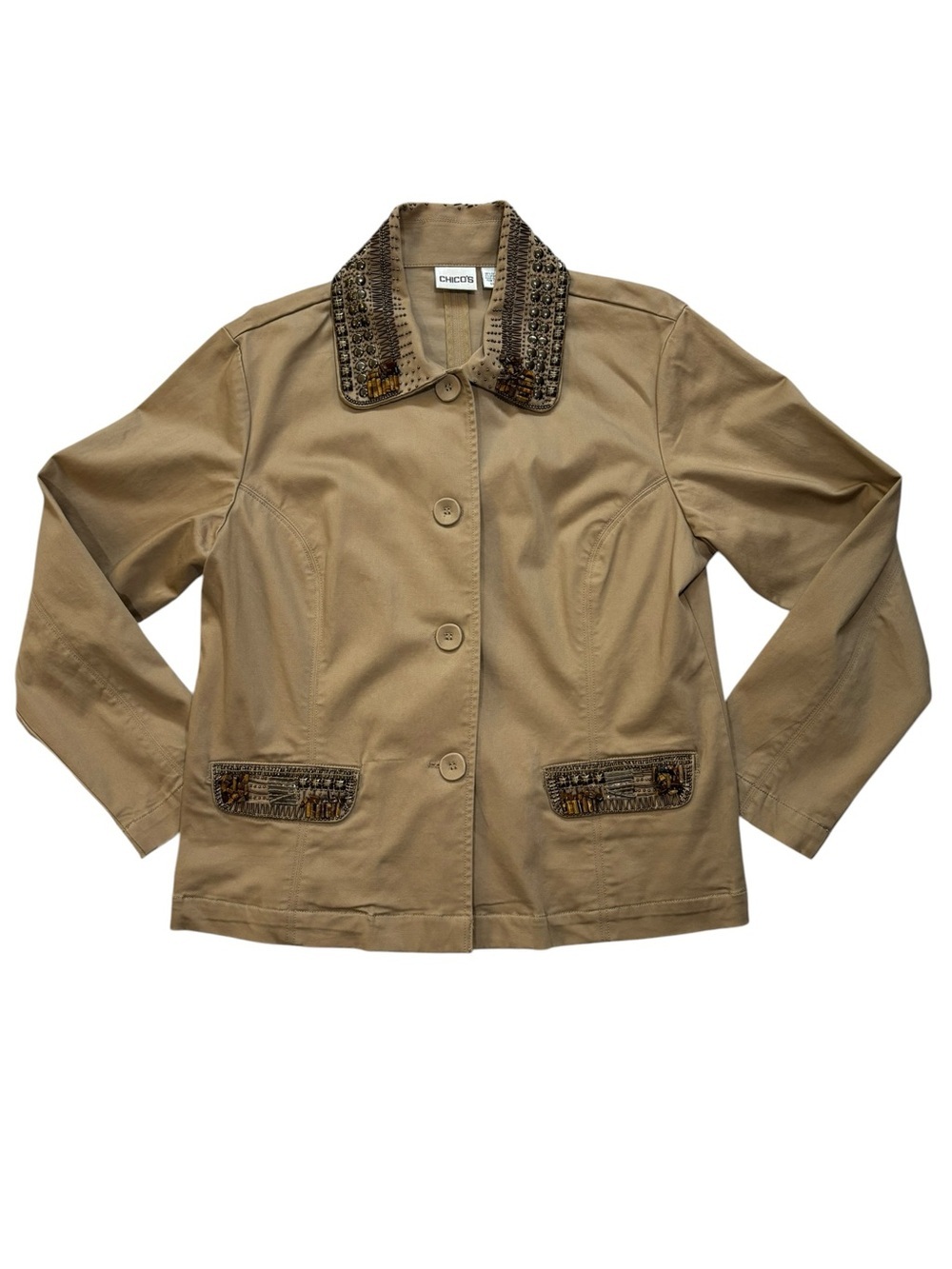 Chico's Tan Embellished-Collar Cotton Jacket